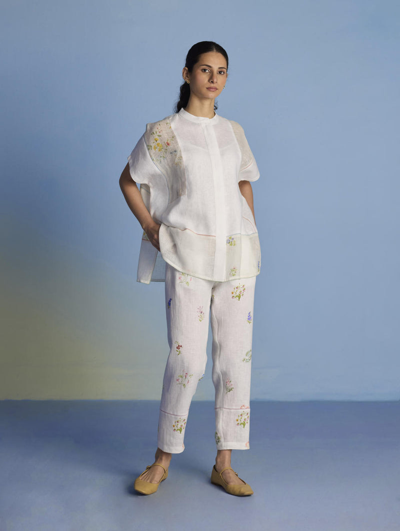 Aboli Patchwork Linen Shirt - White linen by Manan in white color for women in Singapore