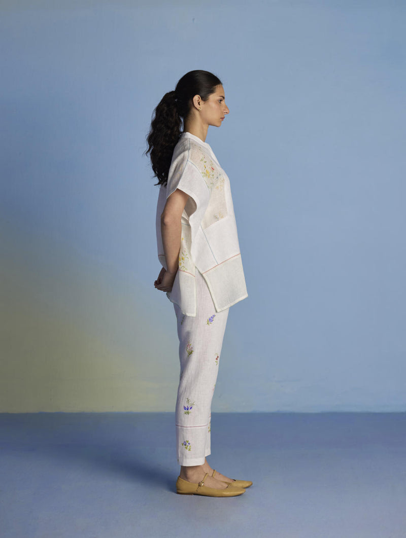 Aboli Patchwork Linen Shirt - White linen by Manan in white color for women in Singapore