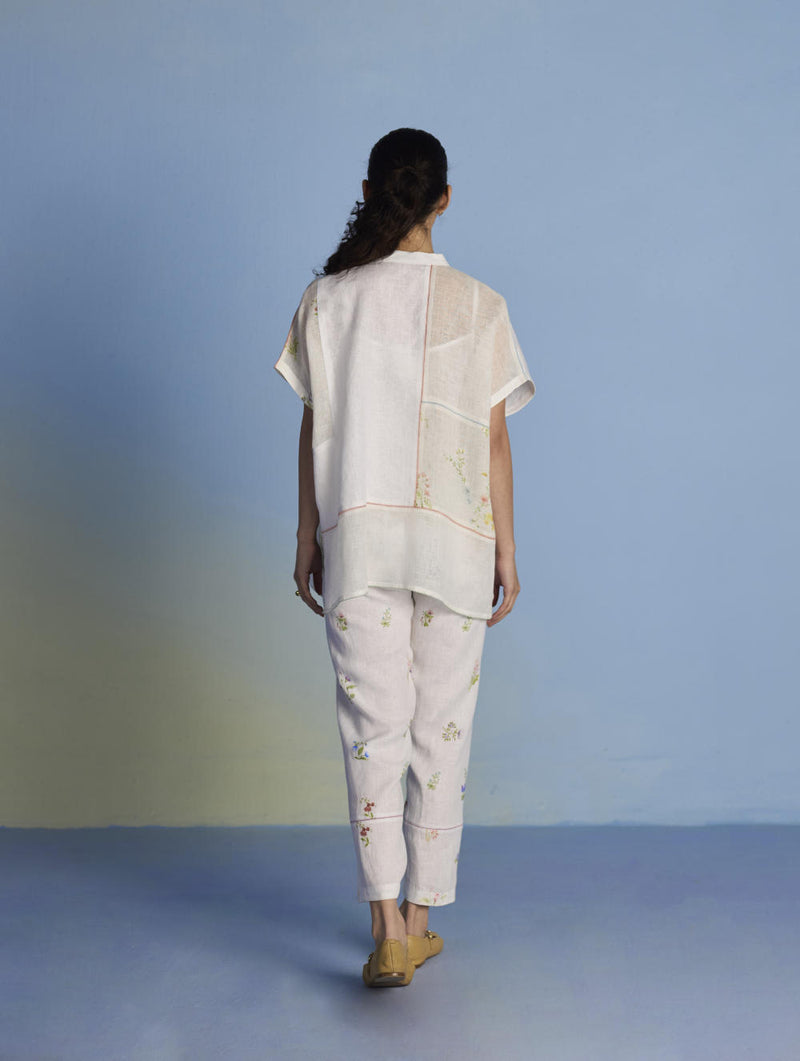 Aboli Patchwork Linen Shirt - White linen by Manan in white color for women in Singapore