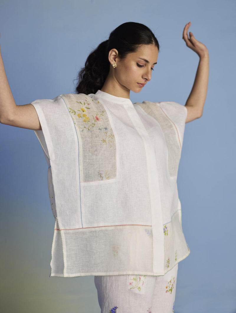 Aboli Patchwork Linen Shirt - White linen by Manan in white color for women in Singapore