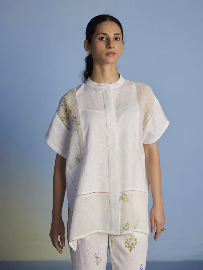 Aboli Patchwork Linen Shirt - White linen by Manan in white color for women in Singapore