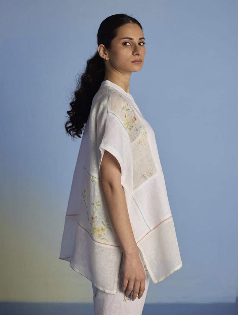 Aboli Patchwork Linen Shirt - White linen by Manan in white color for women in Singapore