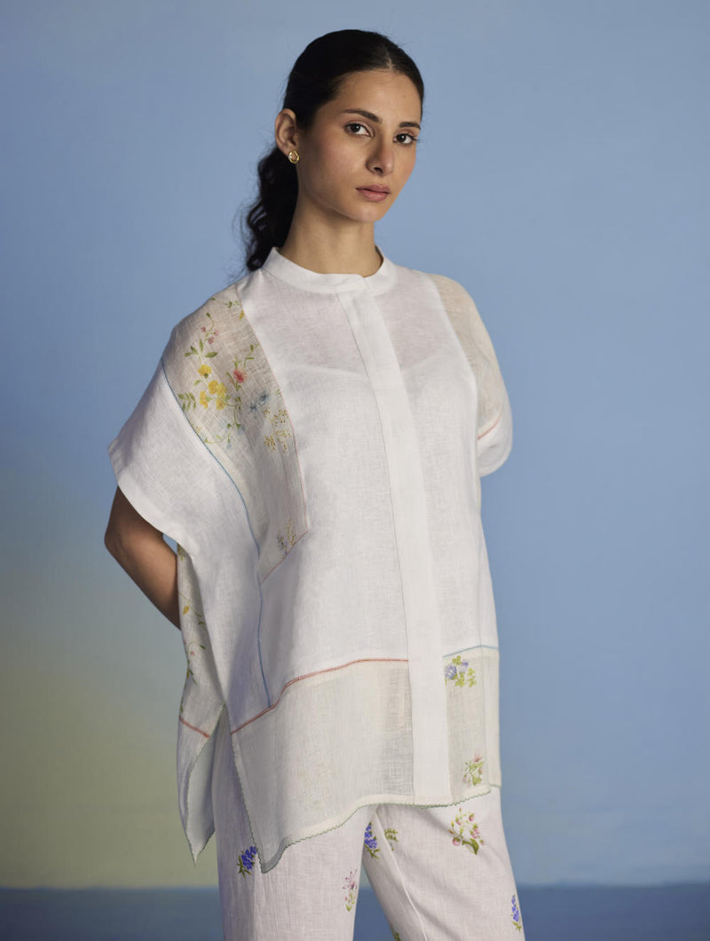 Aboli Patchwork Linen Shirt - White linen by Manan in white color for women in Singapore