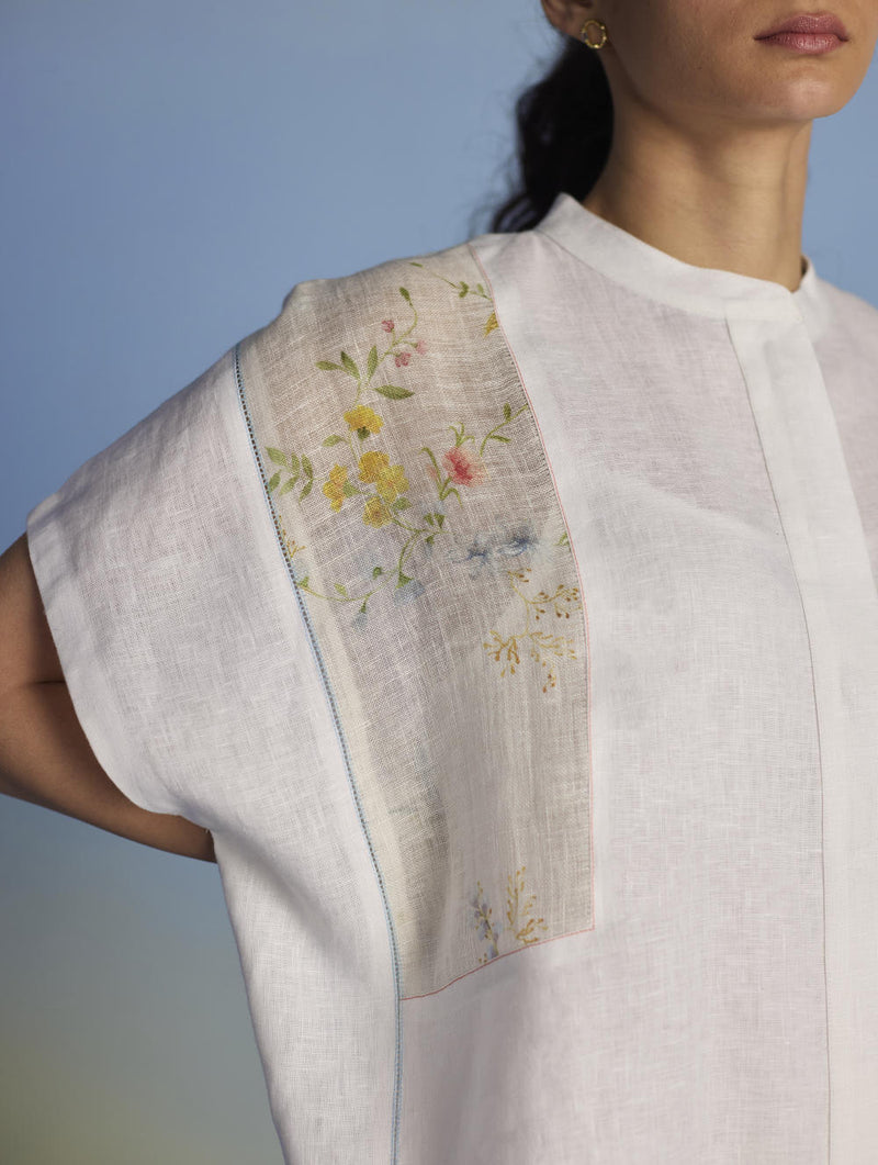 Aboli Patchwork Linen Shirt - White linen by Manan in white color for women in Singapore
