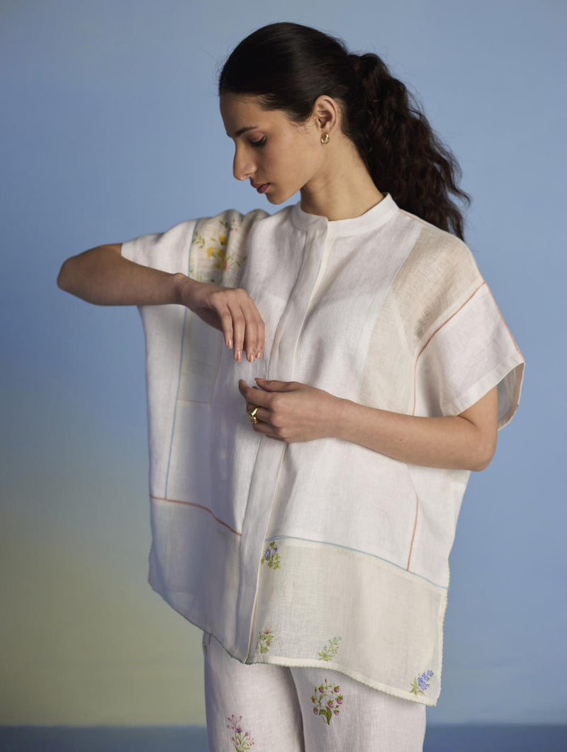 Aboli Patchwork Linen Shirt - White linen by Manan in white color for women in Singapore