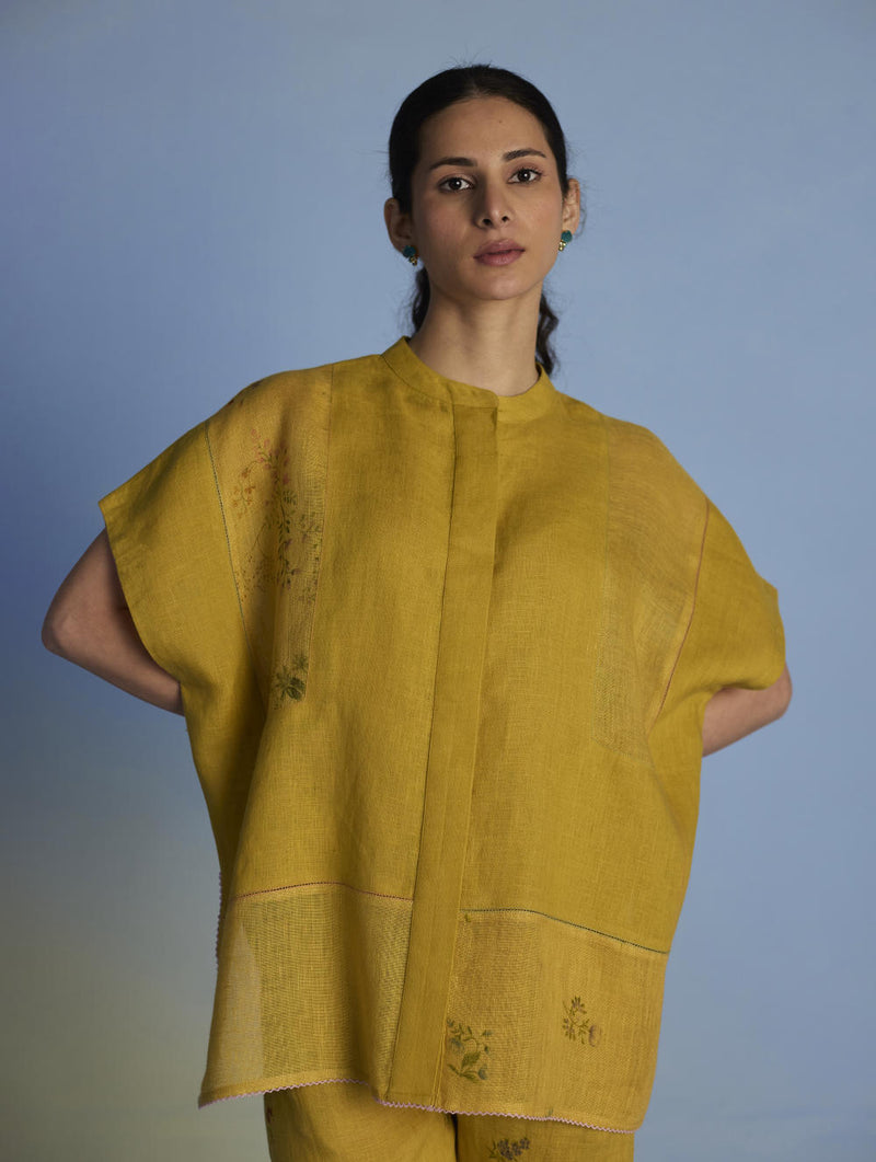 Aboli Patchwork Linen Shirt - Ochre linen by Manan in mint color for women in Singapore