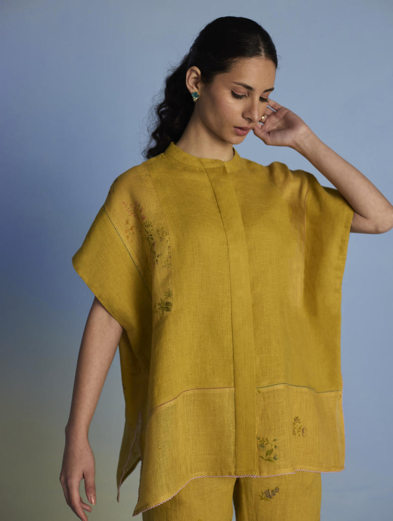 Aboli Patchwork Linen Shirt - Ochre linen by Manan in mint color for women in Singapore