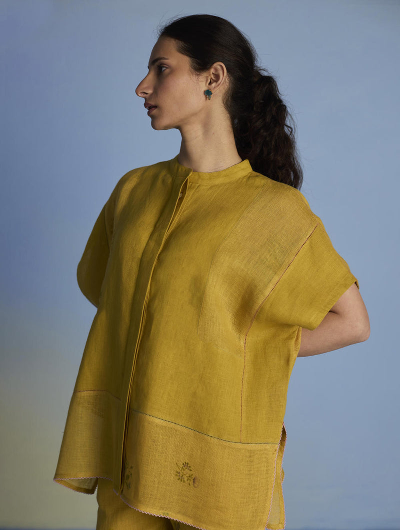 Aboli Patchwork Linen Shirt - Ochre linen by Manan in mint color for women in Singapore
