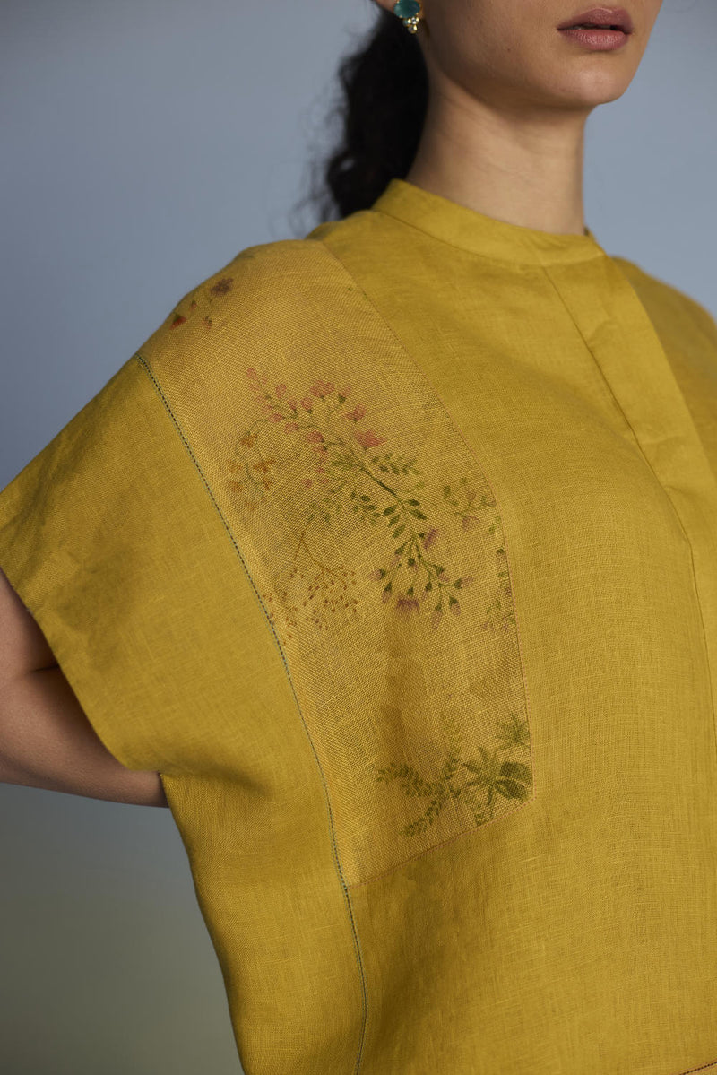 Aboli Patchwork Linen Shirt - Ochre linen by Manan in mint color for women in Singapore