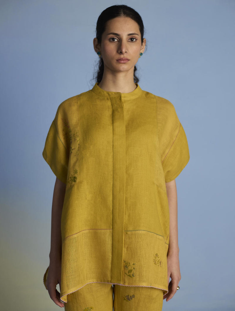 Aboli Patchwork Linen Shirt - Ochre linen by Manan in mint color for women in Singapore
