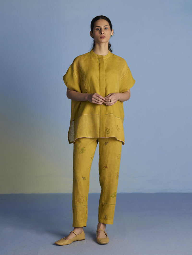 Aboli Patchwork Linen Shirt - Ochre linen by Manan in mint color for women in Singapore