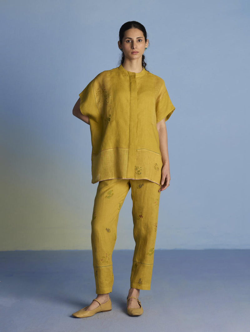 Aboli Patchwork Linen Shirt - Ochre linen by Manan in mint color for women in Singapore