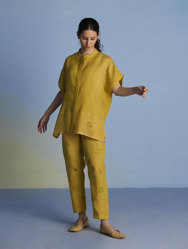 Aboli Patchwork Linen Shirt - Ochre linen by Manan in mint color for women in Singapore