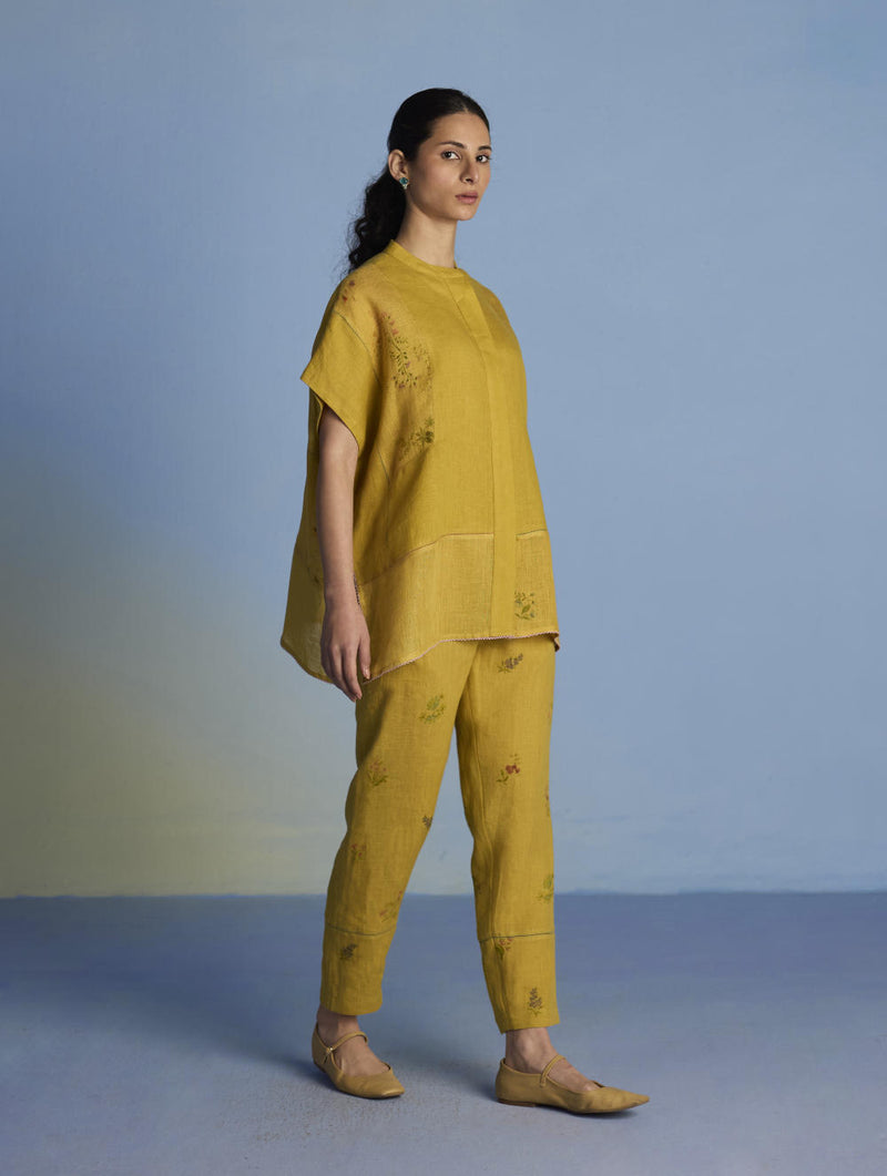 Aboli Patchwork Linen Shirt - Ochre linen by Manan in mint color for women in Singapore
