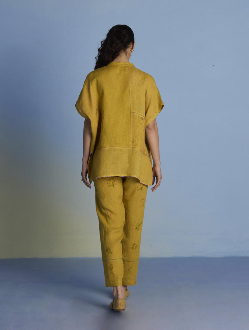 Aboli Patchwork Linen Shirt - Ochre linen by Manan in mint color for women in Singapore