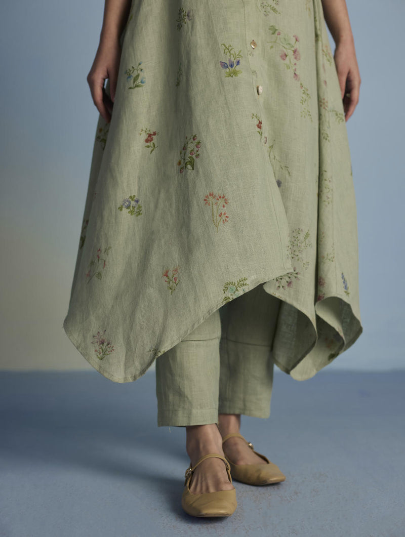 Inoya Shirt Kurta with Handkerchief Hem - Mint linen by Manan in mint color for women in Singapore