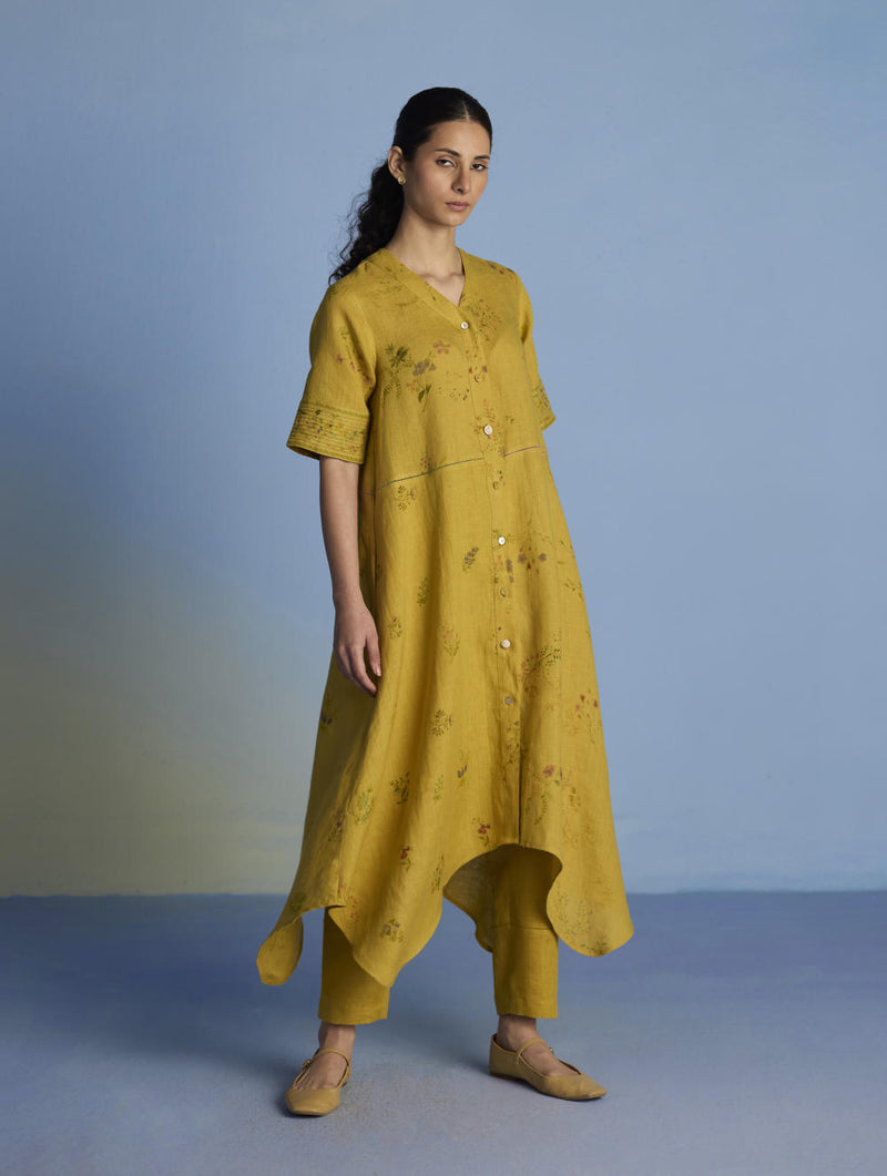 Inoya Shirt Kurta with Handkerchief Hem - Ochre linen by Manan for women in Singapore