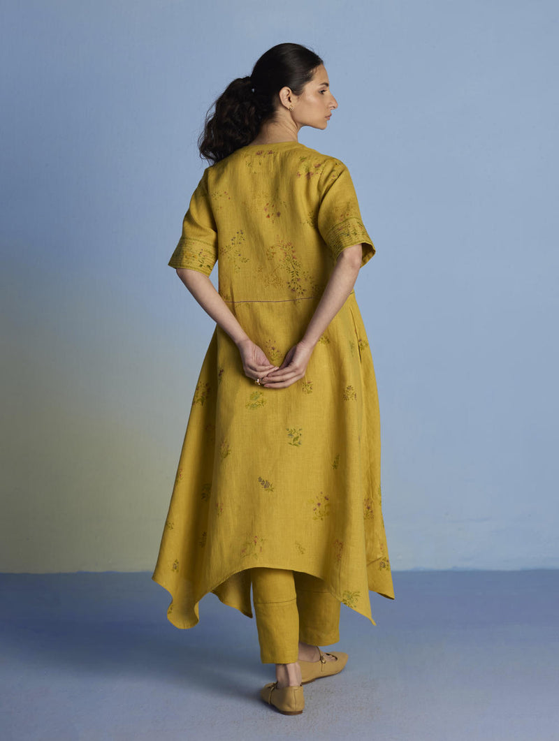 Inoya Shirt Kurta with Handkerchief Hem - Ochre linen by Manan for women in Singapore