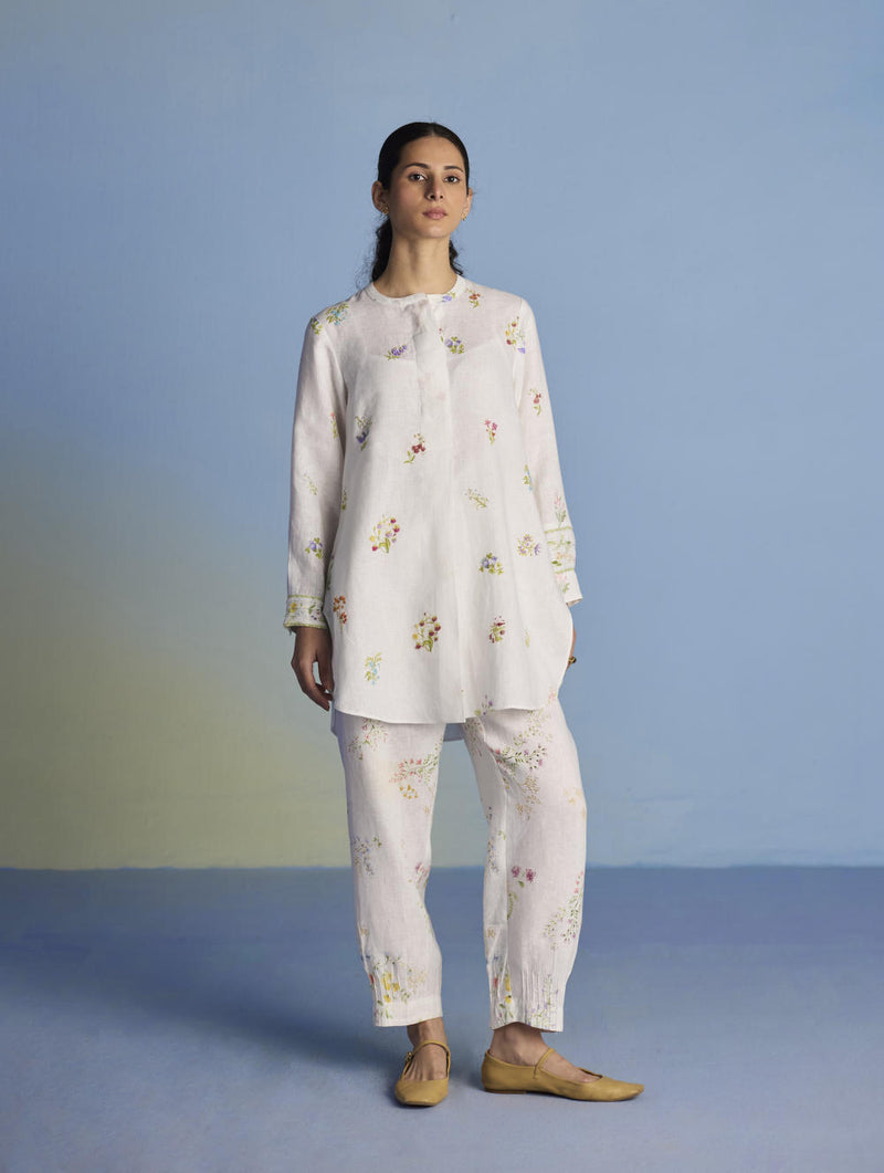 Anya Hand-Embroidered Floral Linen Kurta - White linen by Manan in white color for women in Singapore