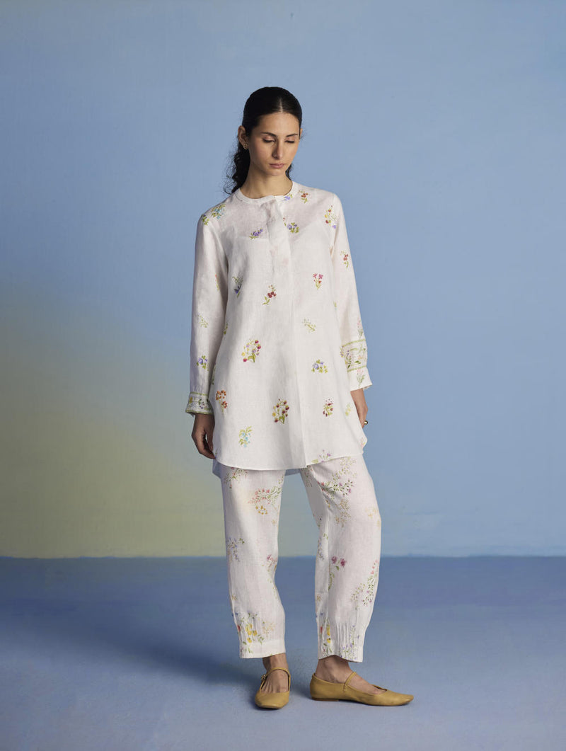 Anya Hand-Embroidered Floral Linen Kurta - White linen by Manan in white color for women in Singapore