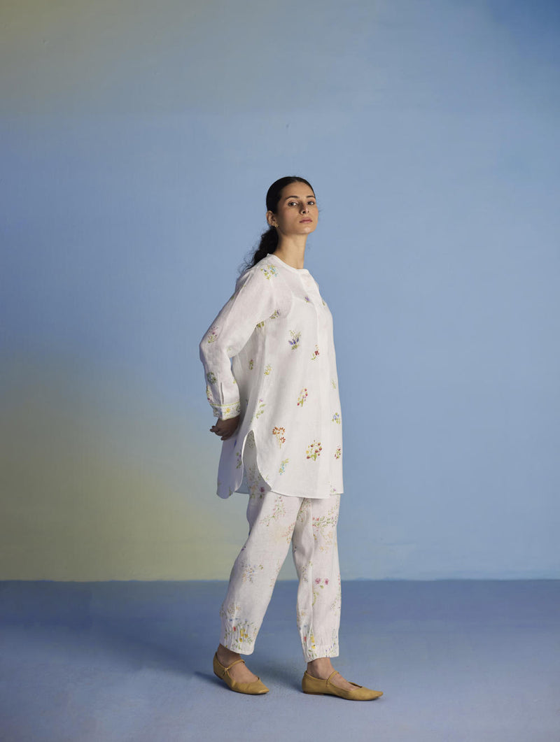 Anya Hand-Embroidered Floral Linen Kurta - White linen by Manan in white color for women in Singapore