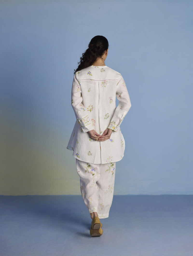 Anya Hand-Embroidered Floral Linen Kurta - White linen by Manan in white color for women in Singapore