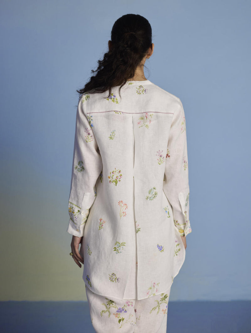 Anya Hand-Embroidered Floral Linen Co-ord Set - White linen by Manan in white color for women in Singapore