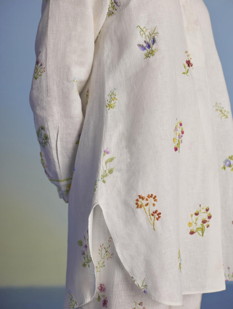 Anya Hand-Embroidered Floral Linen Kurta - White linen by Manan in white color for women in Singapore