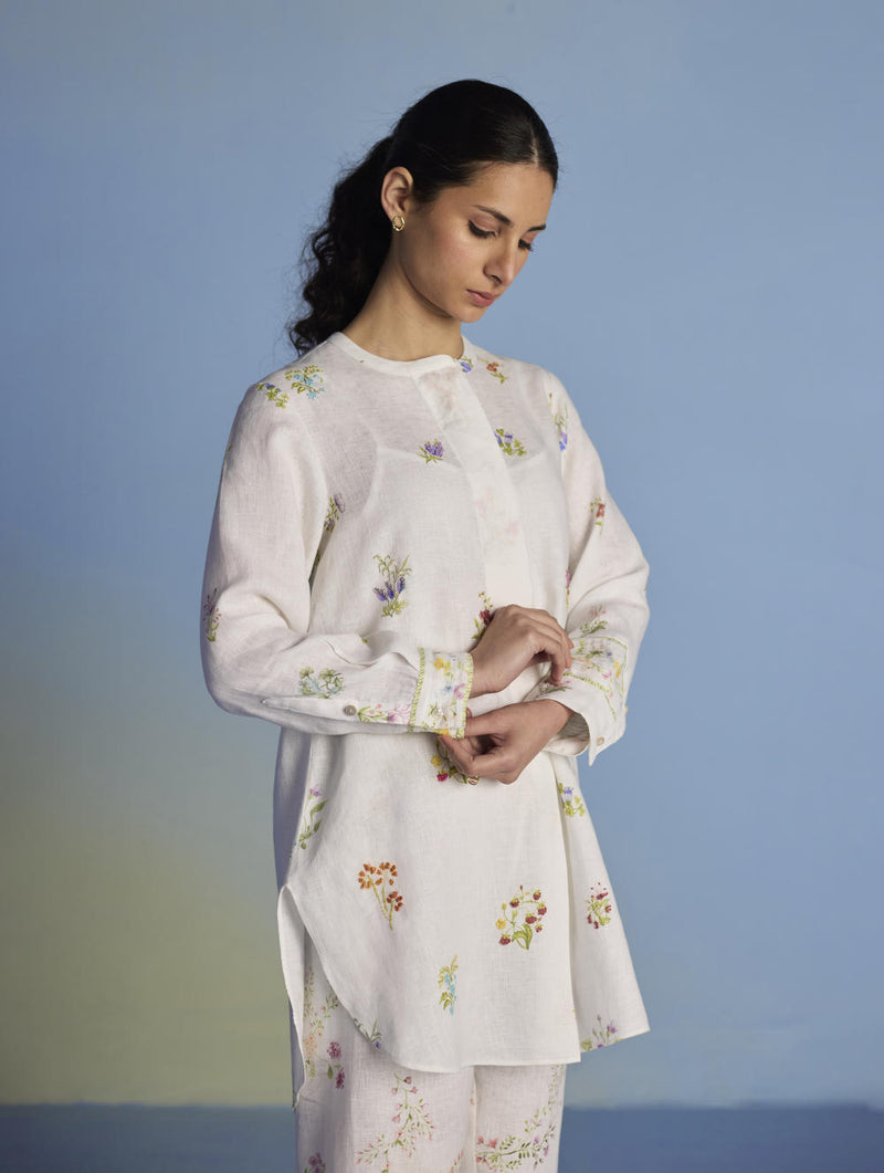Anya Hand-Embroidered Floral Linen Co-ord Set - White linen by Manan in white color for women in Singapore