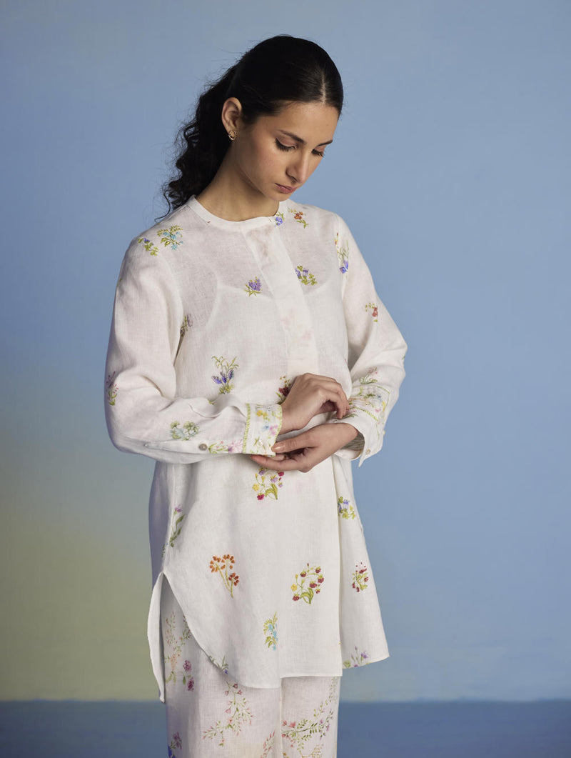 Anya Hand-Embroidered Floral Linen Co-ord Set - White linen by Manan in white color for women in Singapore