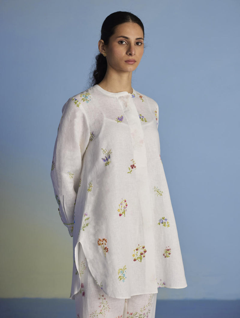 Anya Hand-Embroidered Floral Linen Co-ord Set - White linen by Manan in white color for women in Singapore