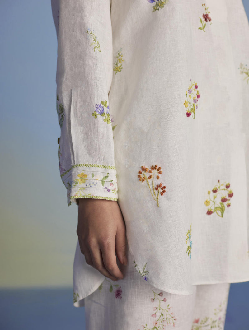 Anya Hand-Embroidered Floral Linen Kurta - White linen by Manan in white color for women in Singapore