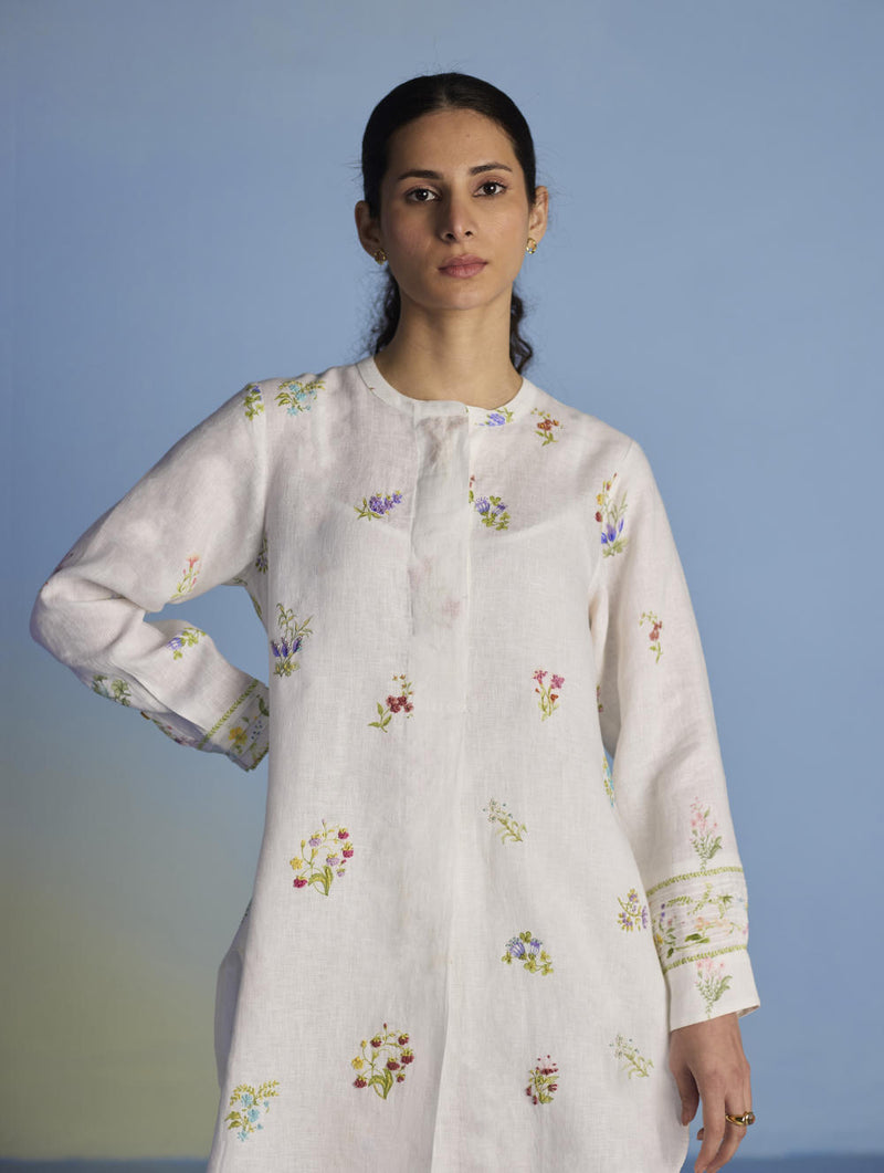 Anya Hand-Embroidered Floral Linen Co-ord Set - White linen by Manan in white color for women in Singapore