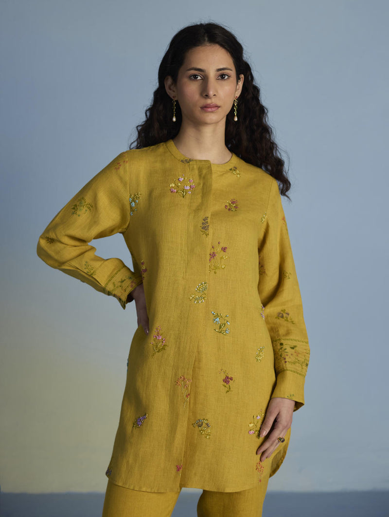 Anya Hand-Embroidered Floral Linen Co-ord Set - Ochre linen by Manan for women in Singapore