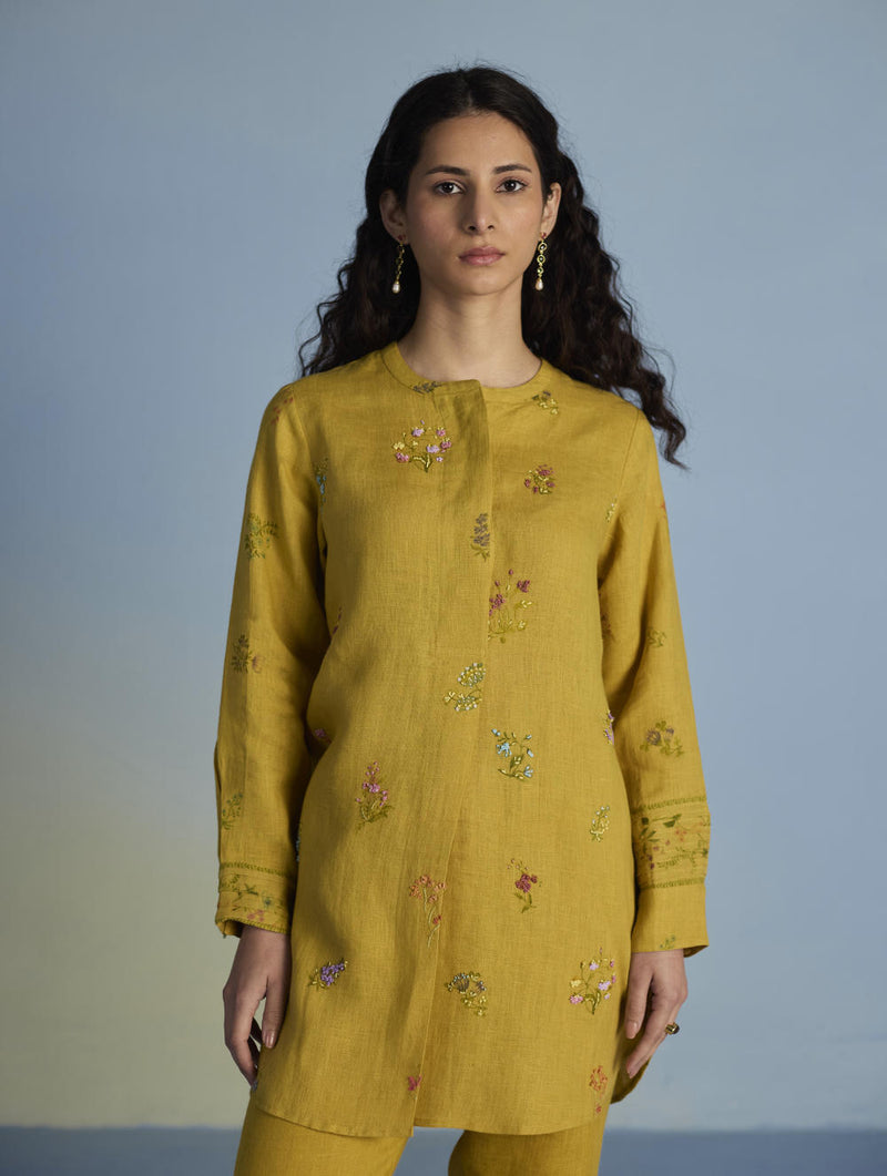 Anya Hand-Embroidered Floral Linen Co-ord Set - Ochre linen by Manan for women in Singapore