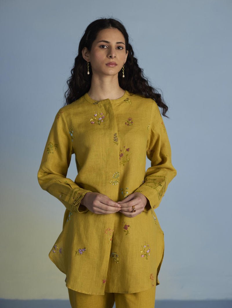 Anya Hand-Embroidered Floral Linen Co-ord Set - Ochre linen by Manan for women in Singapore