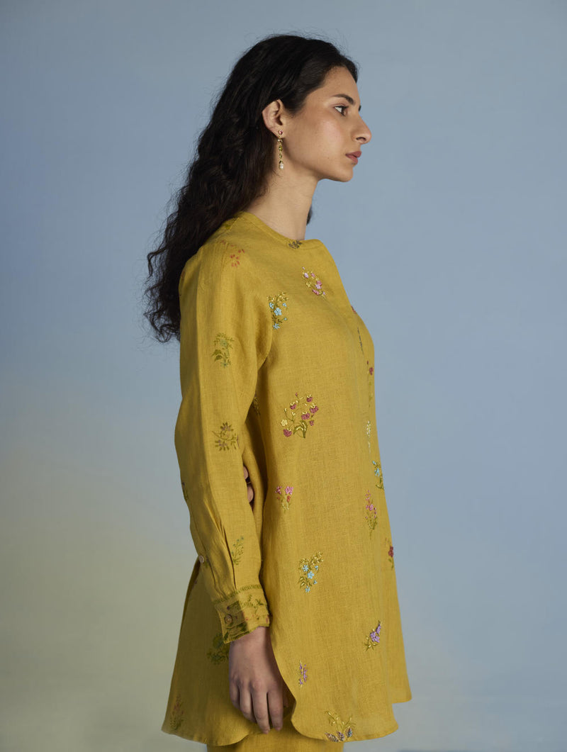 Anya Hand-Embroidered Floral Linen Co-ord Set - Ochre linen by Manan for women in Singapore