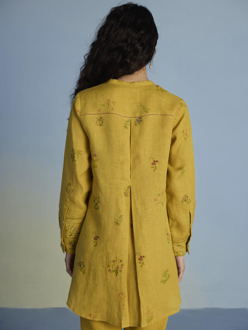 Anya Hand-Embroidered Floral Linen Co-ord Set - Ochre linen by Manan for women in Singapore