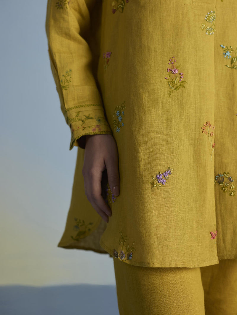 Anya Hand-Embroidered Floral Linen Co-ord Set - Ochre linen by Manan for women in Singapore