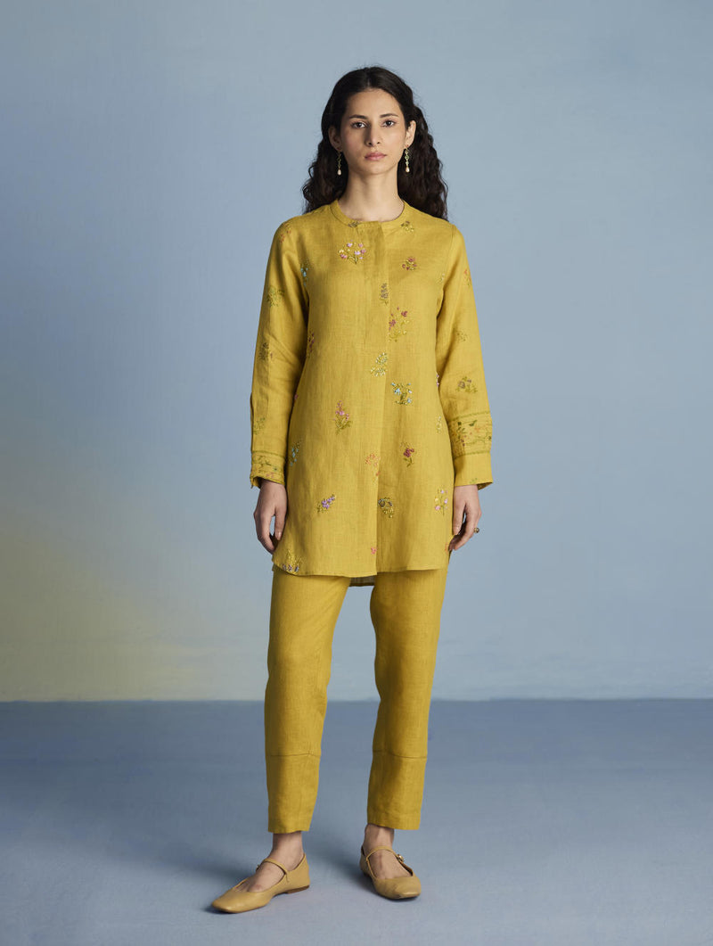 Anya Hand-Embroidered Floral Linen Co-ord Set - Ochre linen by Manan for women in Singapore