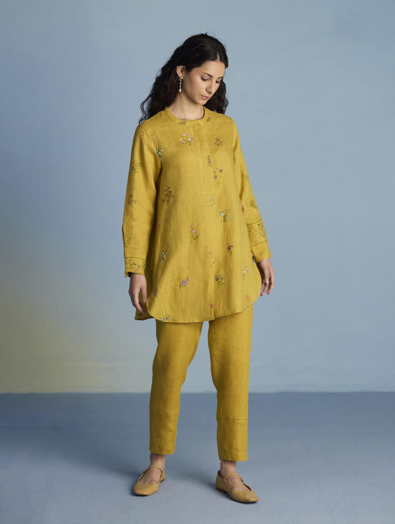 Anya Hand-Embroidered Floral Linen Co-ord Set - Ochre linen by Manan for women in Singapore