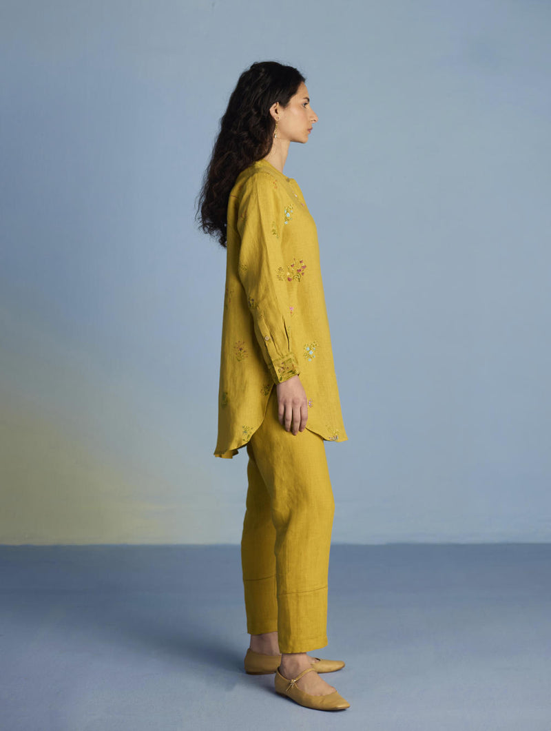 Anya Hand-Embroidered Floral Linen Co-ord Set - Ochre linen by Manan for women in Singapore