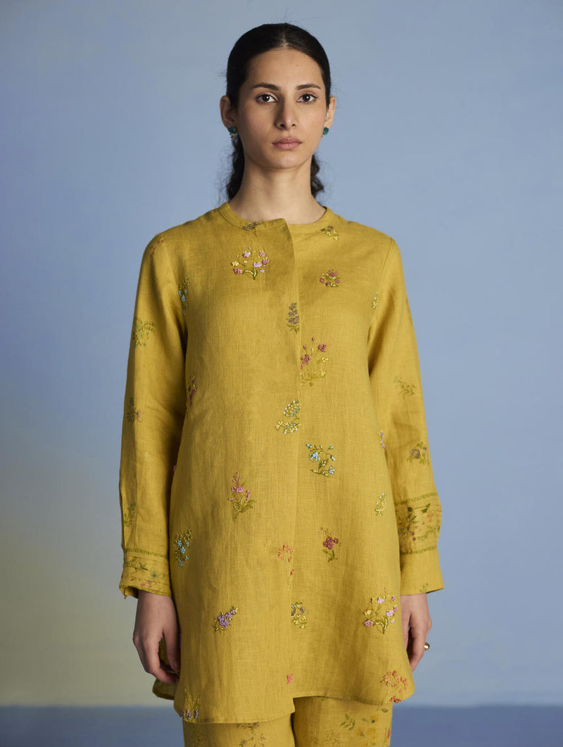 Anya Hand-Embroidered Floral Linen Co-ord Set - Ochre linen by Manan for women in Singapore
