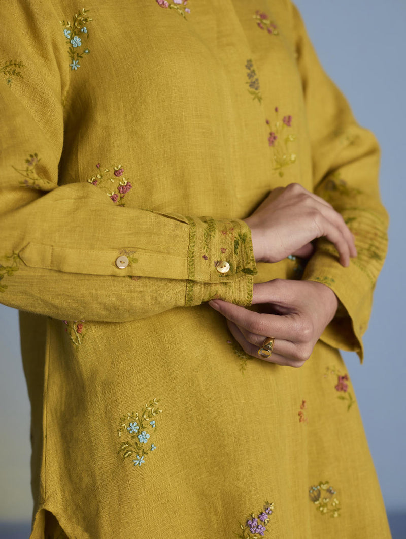 Anya Hand-Embroidered Floral Linen Co-ord Set - Ochre linen by Manan for women in Singapore