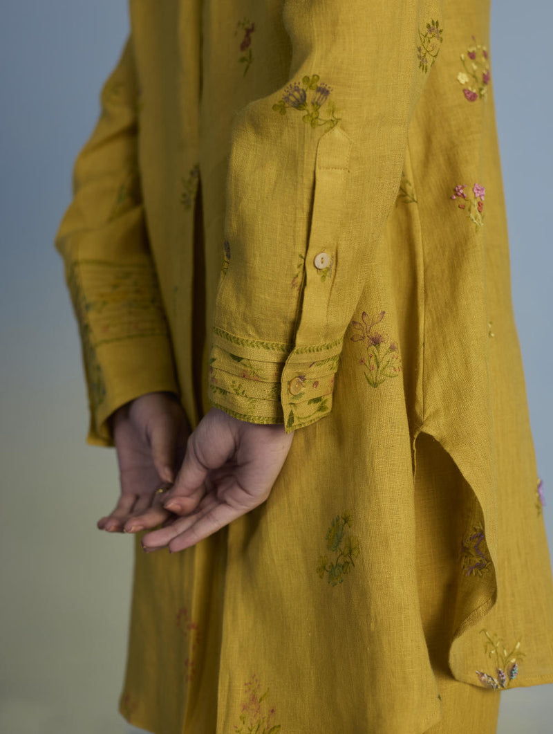 Anya Hand-Embroidered Floral Linen Co-ord Set - Ochre linen by Manan for women in Singapore