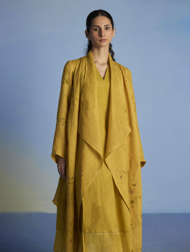 Ita Pleated Linen Dress and Overlay - Ochre linen by Manan for women in Singapore