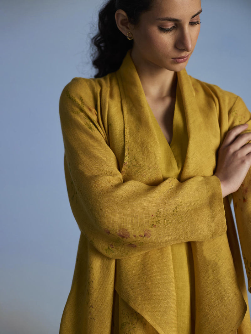 Ita Pleated Linen Dress and Overlay - Ochre linen by Manan for women in Singapore