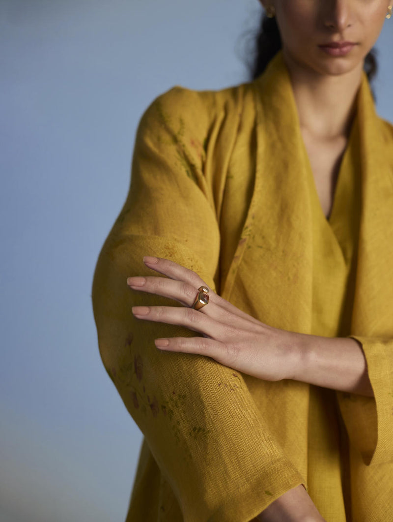 Ita Pleated Linen Dress and Overlay - Ochre linen by Manan for women in Singapore