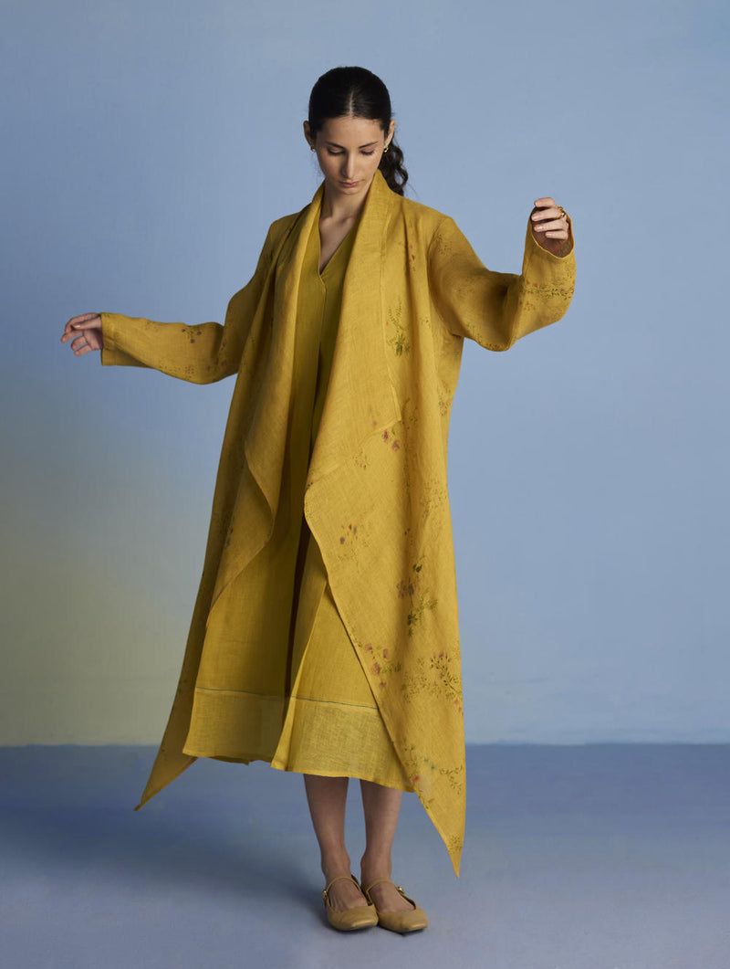 Ita Pleated Linen Dress and Overlay - Ochre linen by Manan for women in Singapore