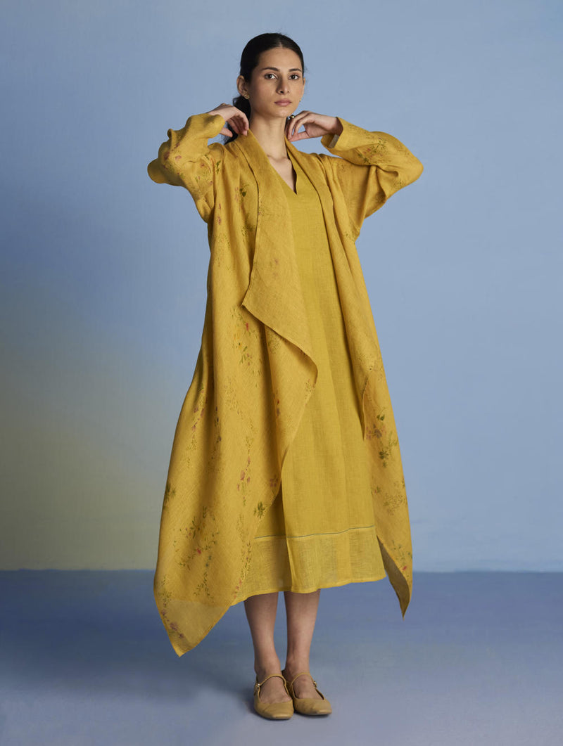 Ita Pleated Linen Dress and Overlay - Ochre linen by Manan for women in Singapore